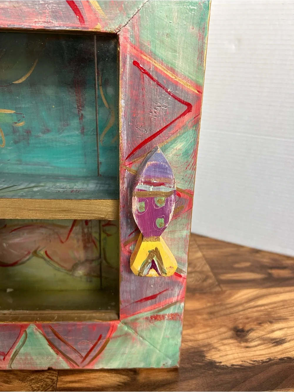 Hand Painted Folk Art Wall Cabinet Coastal Fish Motif Beach Rustic Wooden Shadow